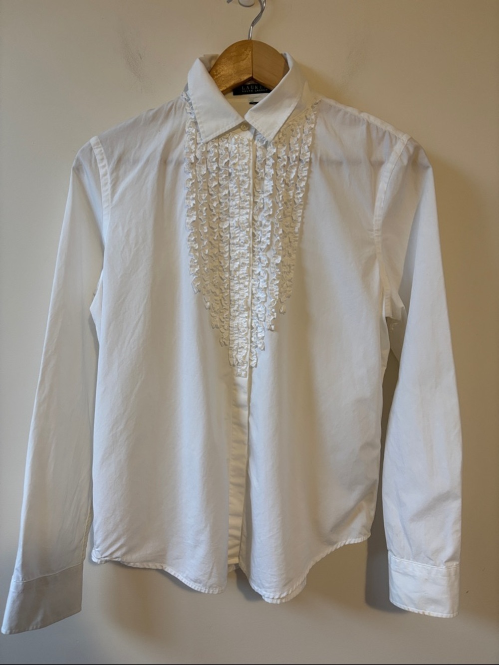 Ralph Lauren White Collared Button-Up Ruffle-front Blouse - Picture 2 of 8